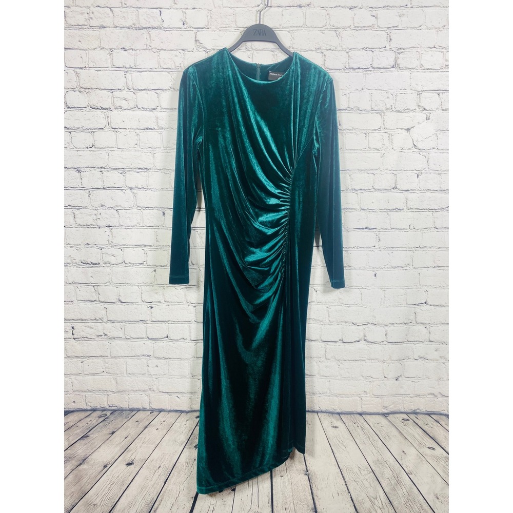 Maison Tara Women Ruched Velvet Dress Green Size 12 Asymmetric Midi Long Sleeve